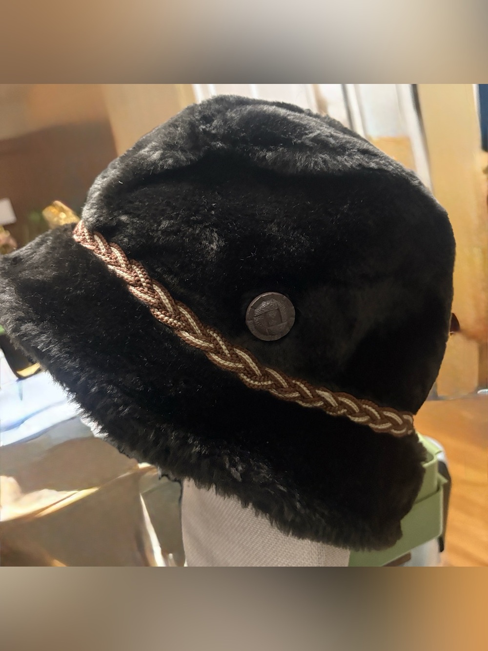 Vintage Faux Fur Cossack Hat Brown Winter Bucket Cap Braided Band XL